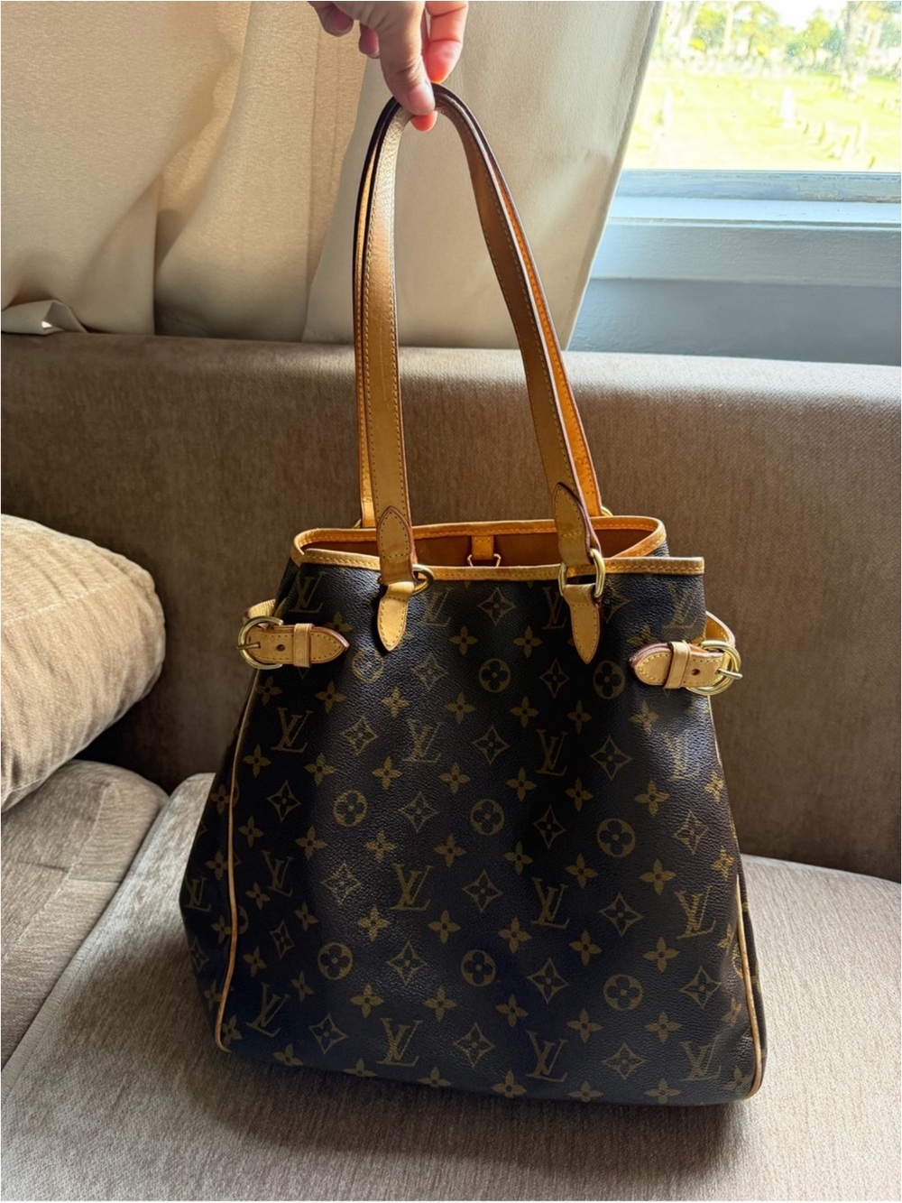 Louis Vuitton Brown Monogram Canvas Shoulder Bag with Tan Leather Trim